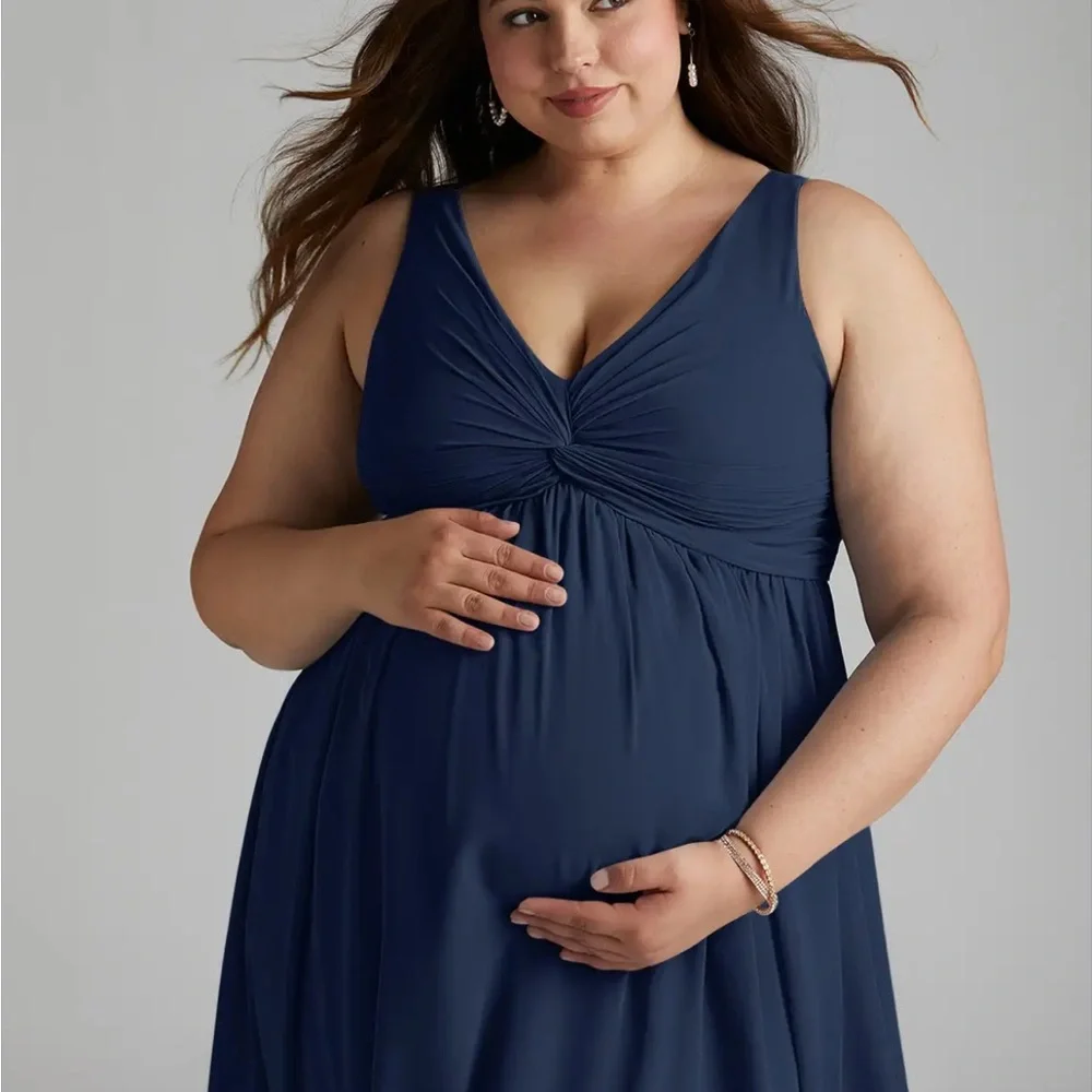 A-Line V-Neck Chiffon Floor-Length Maternity Dress Dark Navy Azazie Yetta - Picture 8 of 14